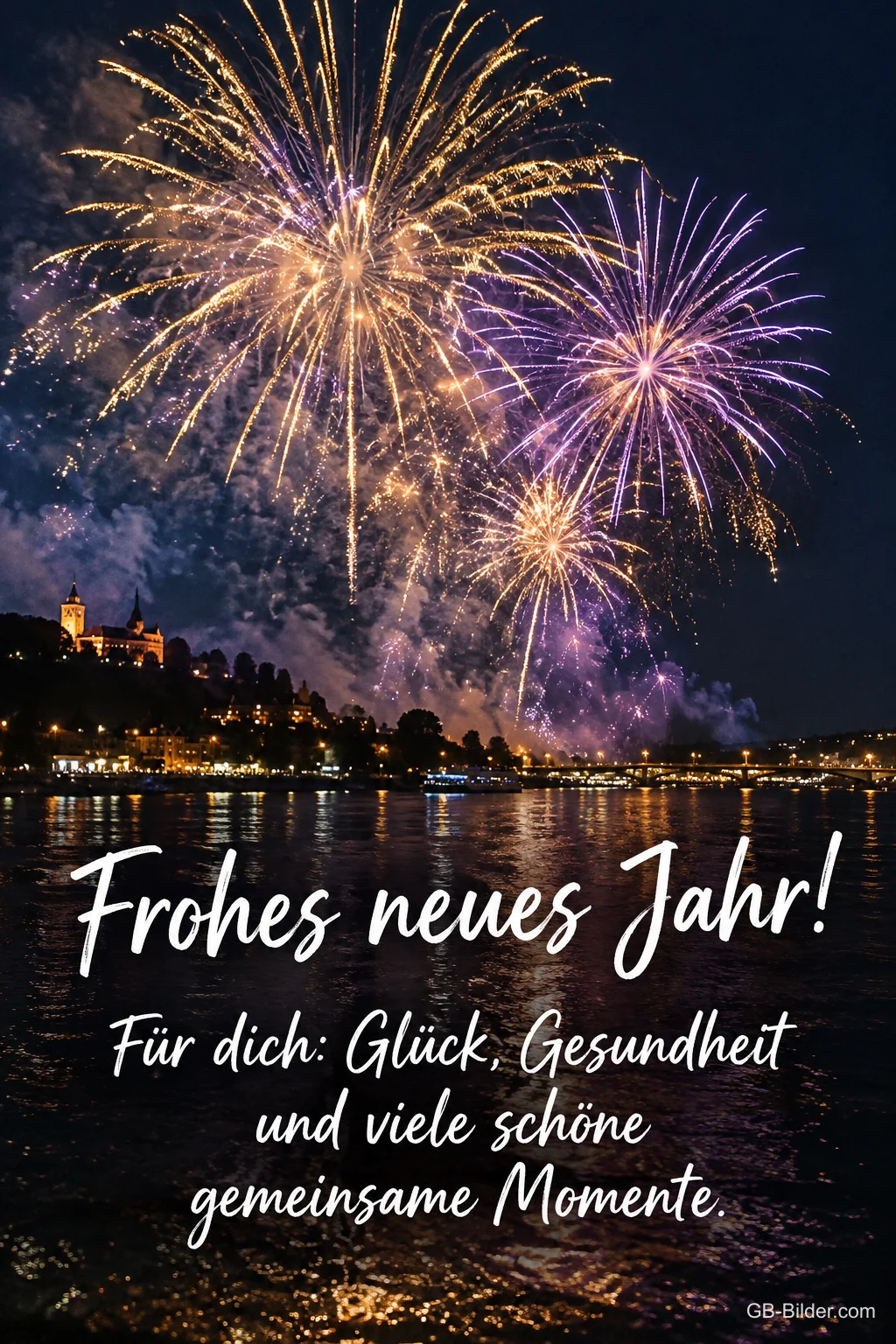 Feuerwerk über einer Burg und einem Fluss bei Nacht, Text: Frohes neues Jahr! – Für dich: Glück, Gesundheit und viele schöne gemeinsame Momente.