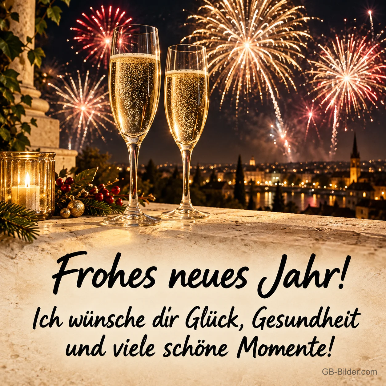 Zwei Sektgläser vor Feuerwerk über einer Stadt, Text: Frohes neues Jahr! – Ich wünsche dir Glück, Gesundheit und viele schöne Momente!