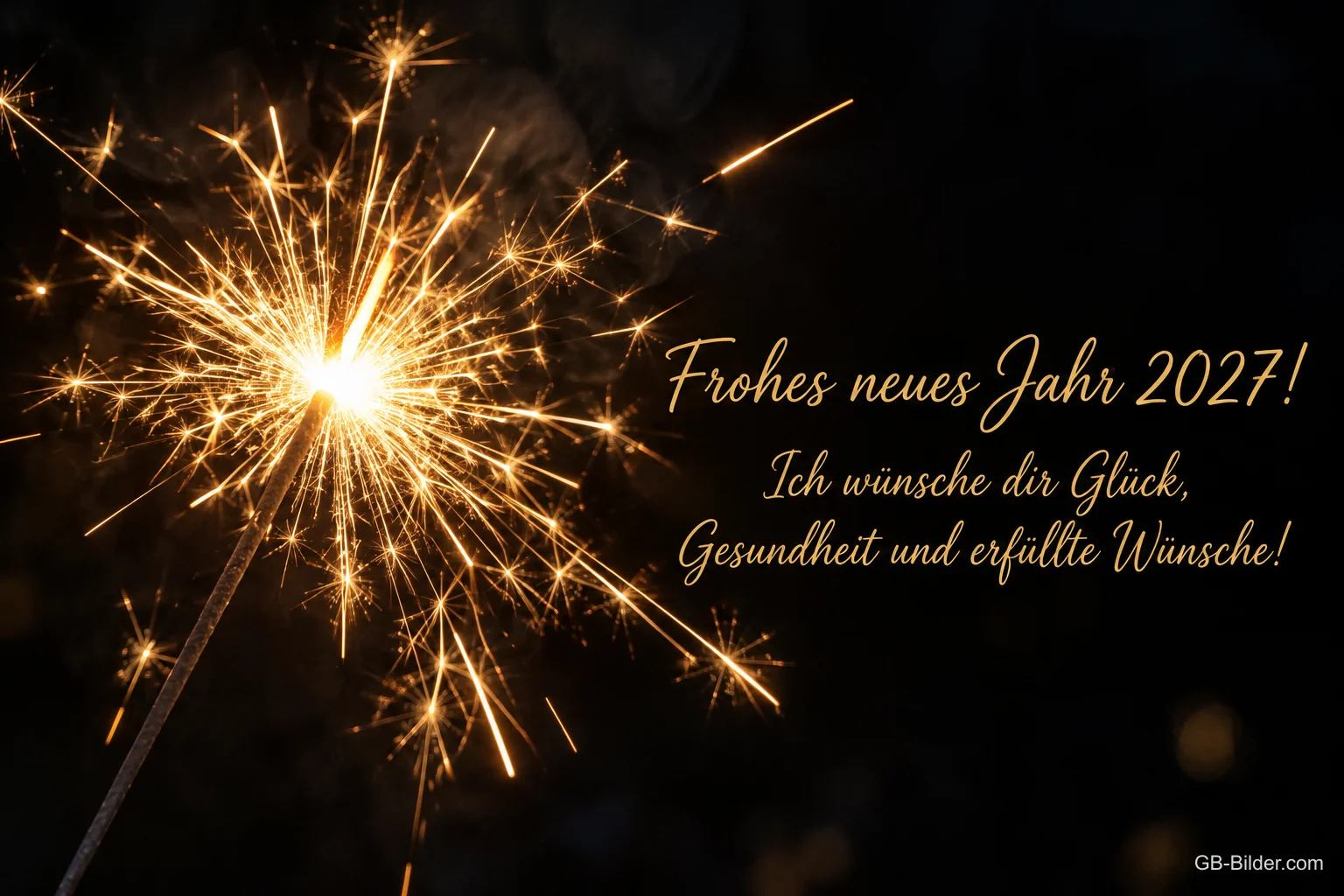 Brennende Wunderkerze vor dunklem Hintergrund, Text: Frohes neues Jahr 2027! – Ich wünsche dir Glück, Gesundheit und erfüllte Wünsche!
