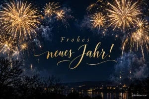 Goldenes Feuerwerk über einer Stadt am Fluss, Text: Frohes neues Jahr!