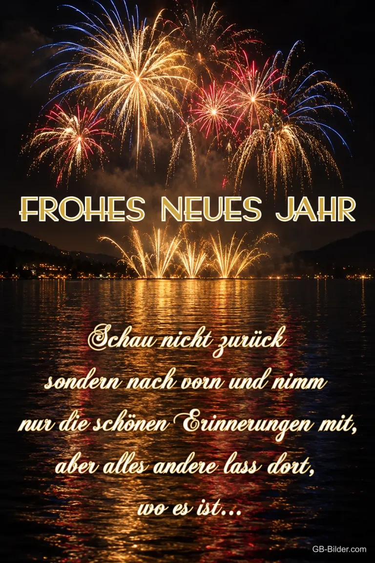 Feuerwerk über einem nächtlichen See, Text: FROHES NEUES JAHR – Schau nicht zurück sondern nach vorn und nimm nur die schönen Erinnerungen mit, aber alles andere lass dort, wo es ist…
