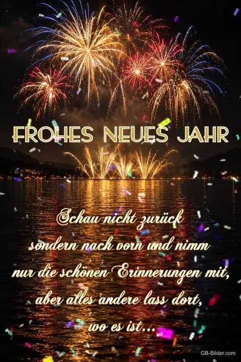 Feuerwerk über einem nächtlichen See, Text: FROHES NEUES JAHR – Schau nicht zurück sondern nach vorn und nimm nur die schönen Erinnerungen mit, aber alles andere lass dort, wo es ist…