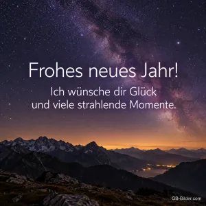 Milchstraße über Bergen und einem See, Text: Frohes neues Jahr! – Ich wünsche dir Glück und viele strahlende Momente.
