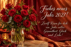 Strauß roter Rosen in einer Glasvase mit Kerze, Text: Frohes neues Jahr 2027! – Zwölf Rosen für dich: ein Jahr voller Gesundheit, Glück und Liebe!
