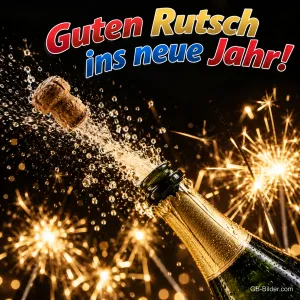 Sektkorken knallt zwischen Wunderkerzen, Text: Guten Rutsch ins neue Jahr!