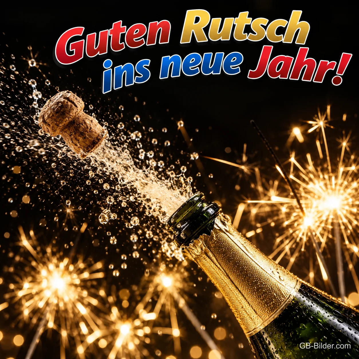 Sektkorken knallt zwischen Wunderkerzen, Text: Guten Rutsch ins neue Jahr!
