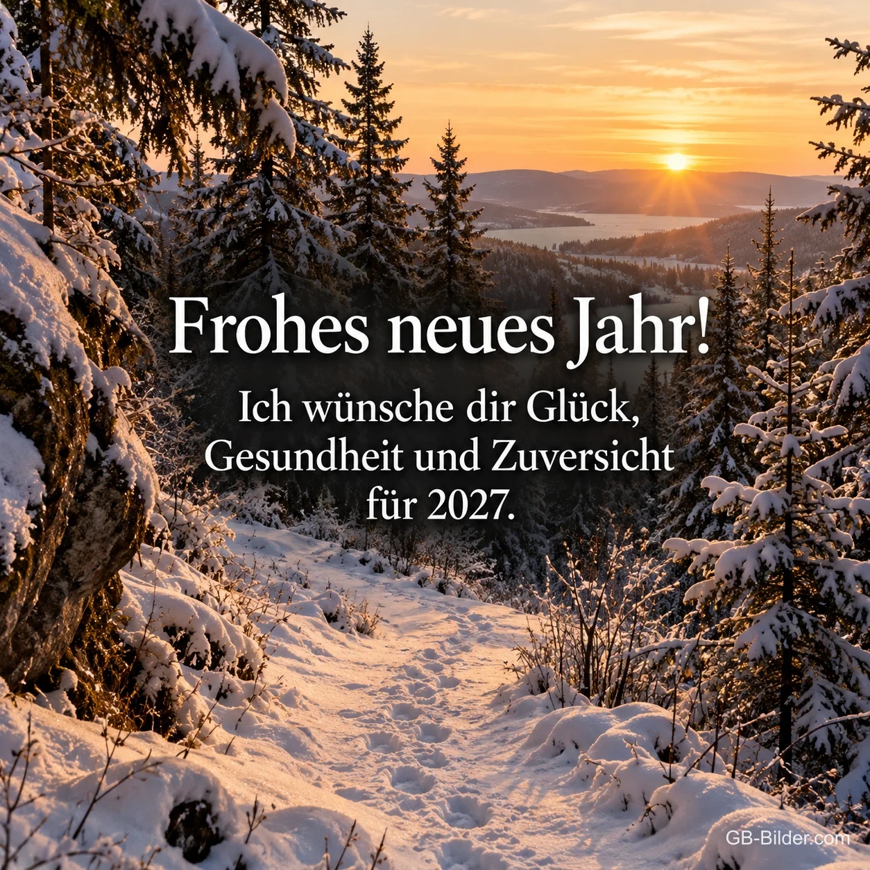 Verschneiter Waldweg im Sonnenuntergang, Text: Frohes neues Jahr! – Ich wünsche dir Glück, Gesundheit und Zuversicht für 2027.