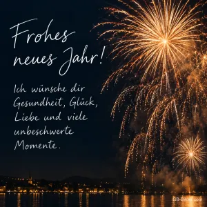 Goldenes Feuerwerk über einer Stadt am See, Text: Frohes neues Jahr! – Ich wünsche dir Gesundheit, Glück, Liebe und viele unbeschwerte Momente.