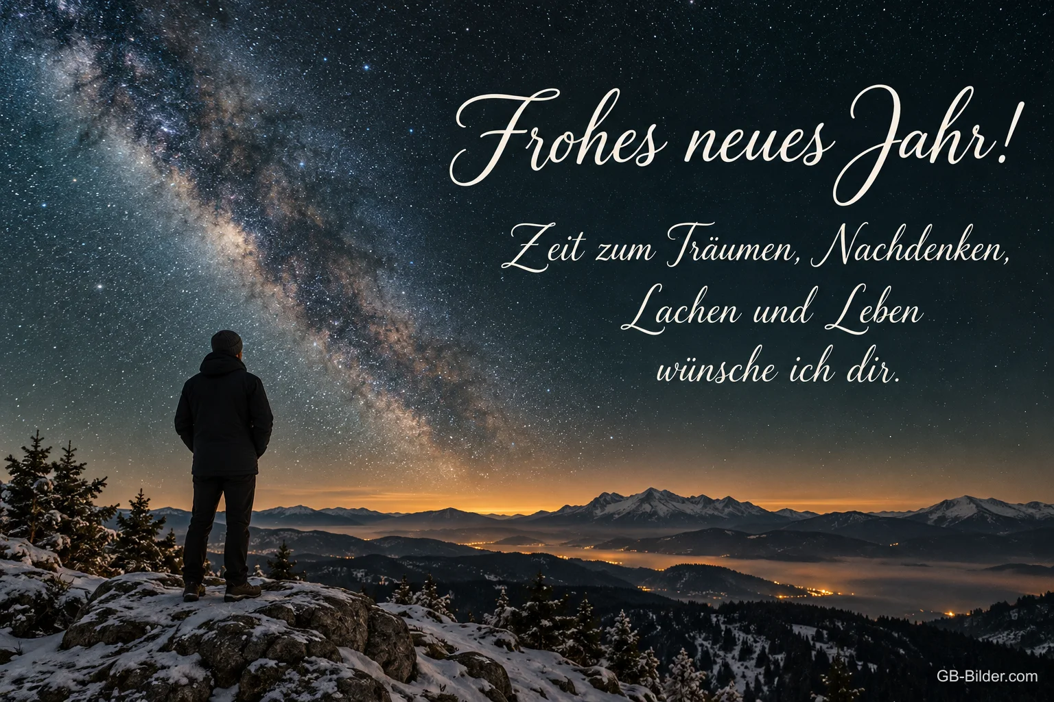 Mensch steht auf einem Felsen unter der Milchstraße, Text: Frohes neues Jahr! – Zeit zum Träumen, Nachdenken, Lachen und Leben wünsche ich dir.