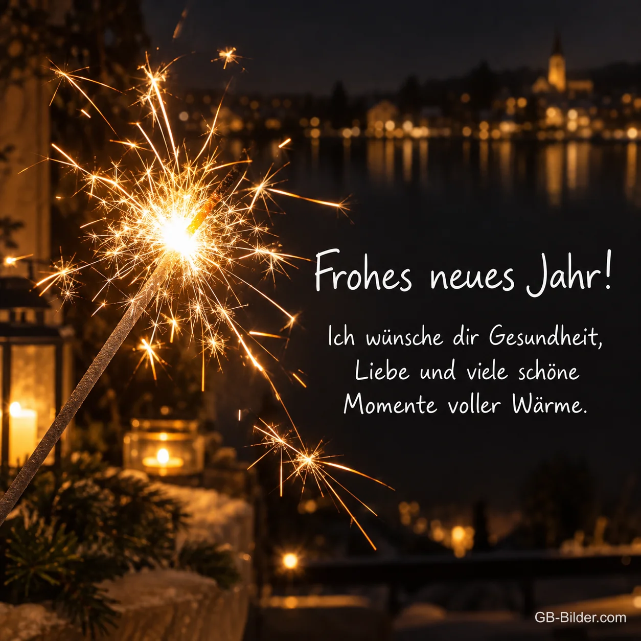 Brennende Wunderkerze über einer Stadt am See, Text: Frohes neues Jahr! – Ich wünsche dir Gesundheit, Liebe und viele schöne Momente voller Wärme.