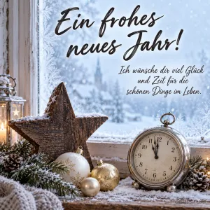 Holzstern, Kugeln und Wecker kurz vor Mitternacht am Fenster, Text: Ein frohes neues Jahr! – Ich wünsche dir viel Glück und Zeit für die schönen Dinge im Leben.