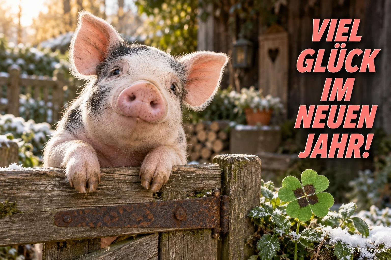 Ferkel schaut über ein Gartentor, vierblättriges Kleeblatt, Text: VIEL GLÜCK IM NEUEN JAHR!