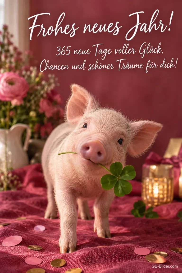 Ferkel mit Kleeblatt im Maul zwischen Münzen und Kerzen, Text: Frohes neues Jahr! – 365 neue Tage voller Glück, Chancen und schöner Träume für dich!