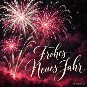 Pinkes und weißes Feuerwerk am Nachthimmel, Text: Frohes neues Jahr