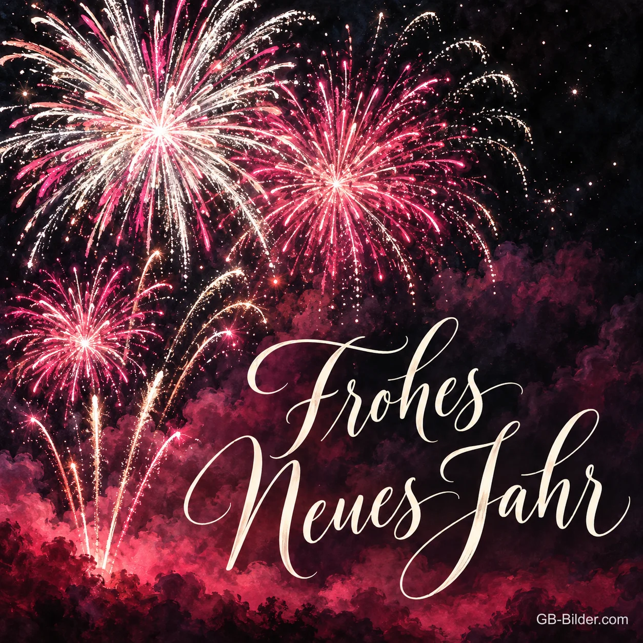 Pinkes und weißes Feuerwerk am Nachthimmel, Text: Frohes neues Jahr