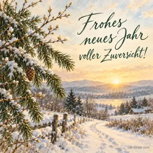 Verschneiter Weg mit Zaun und Tanne im Sonnenaufgang, Text: Frohes neues Jahr – voller Zuversicht!