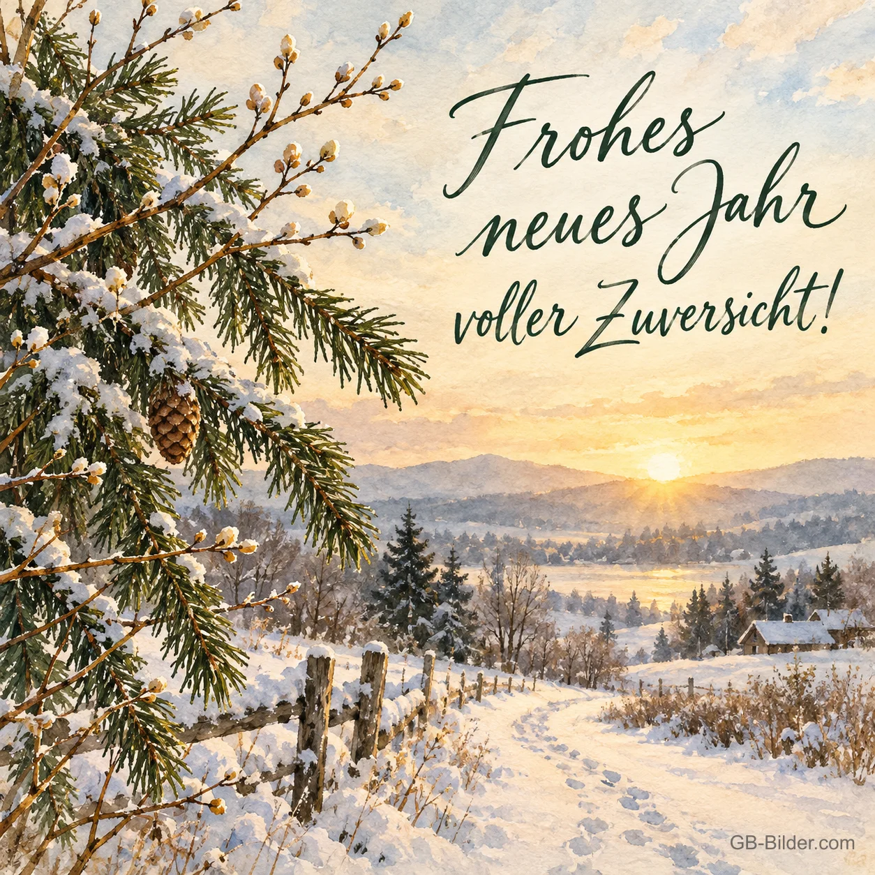 Verschneiter Weg mit Zaun und Tanne im Sonnenaufgang, Text: Frohes neues Jahr – voller Zuversicht!