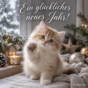 Flauschiges Kätzchen hebt die Pfote vor Kerzenlicht, Text: Ein glückliches neues Jahr!