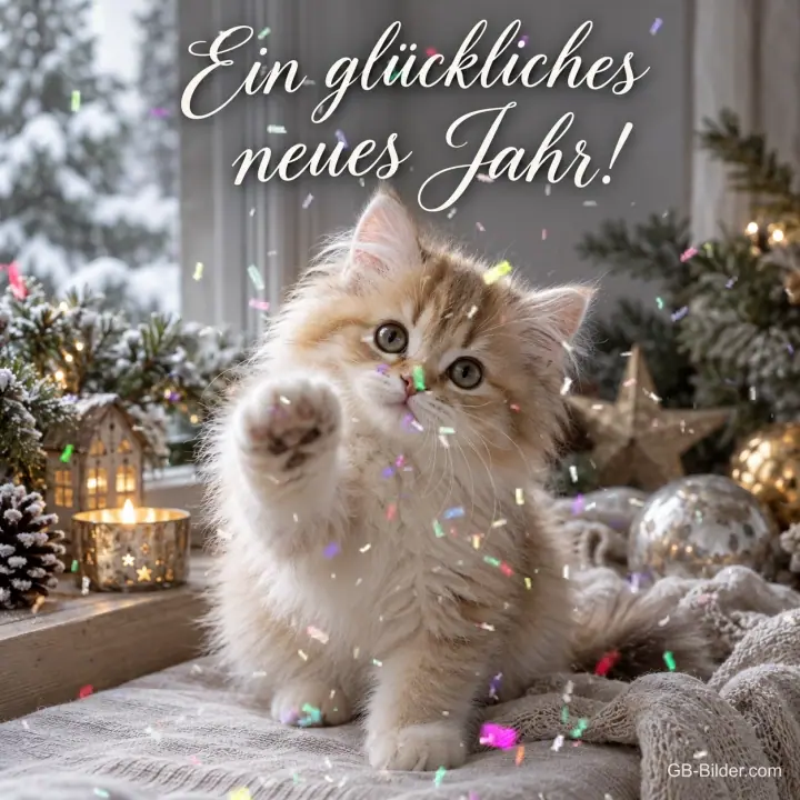 Flauschiges Kätzchen hebt die Pfote vor Kerzenlicht, Text: Ein glückliches neues Jahr!