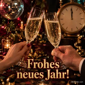 Zwei Hände stoßen mit Sekt vor einer Uhr kurz vor Mitternacht an, Text: Frohes neues Jahr!