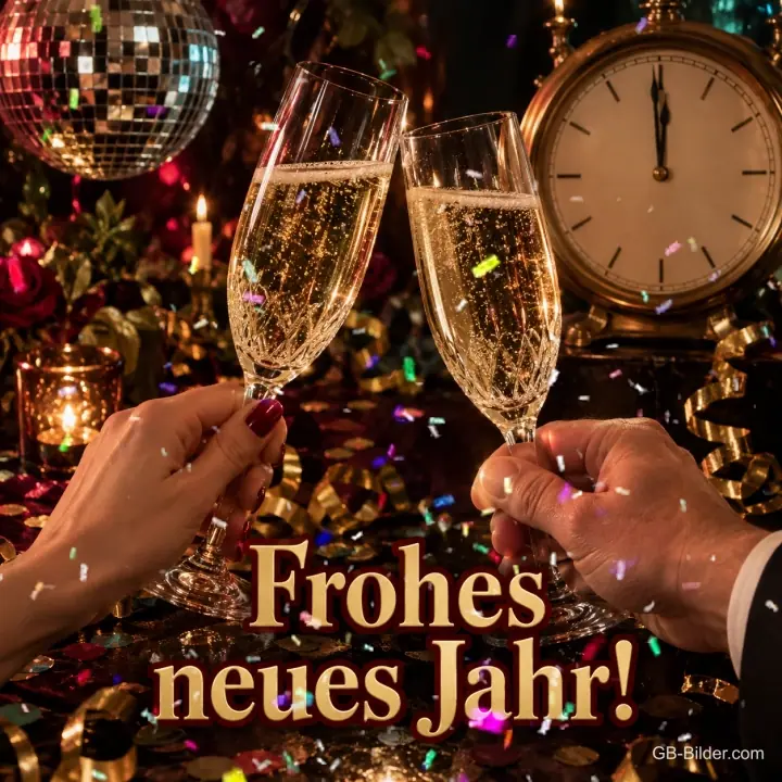 Zwei Hände stoßen mit Sekt vor einer Uhr kurz vor Mitternacht an, Text: Frohes neues Jahr!