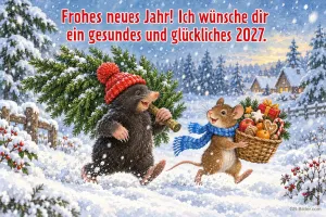 Maulwurf trägt einen Tannenbaum, Maus mit Korb voller Plätzchen im Schnee, Text: Frohes neues Jahr! Ich wünsche dir ein gesundes und glückliches 2027.