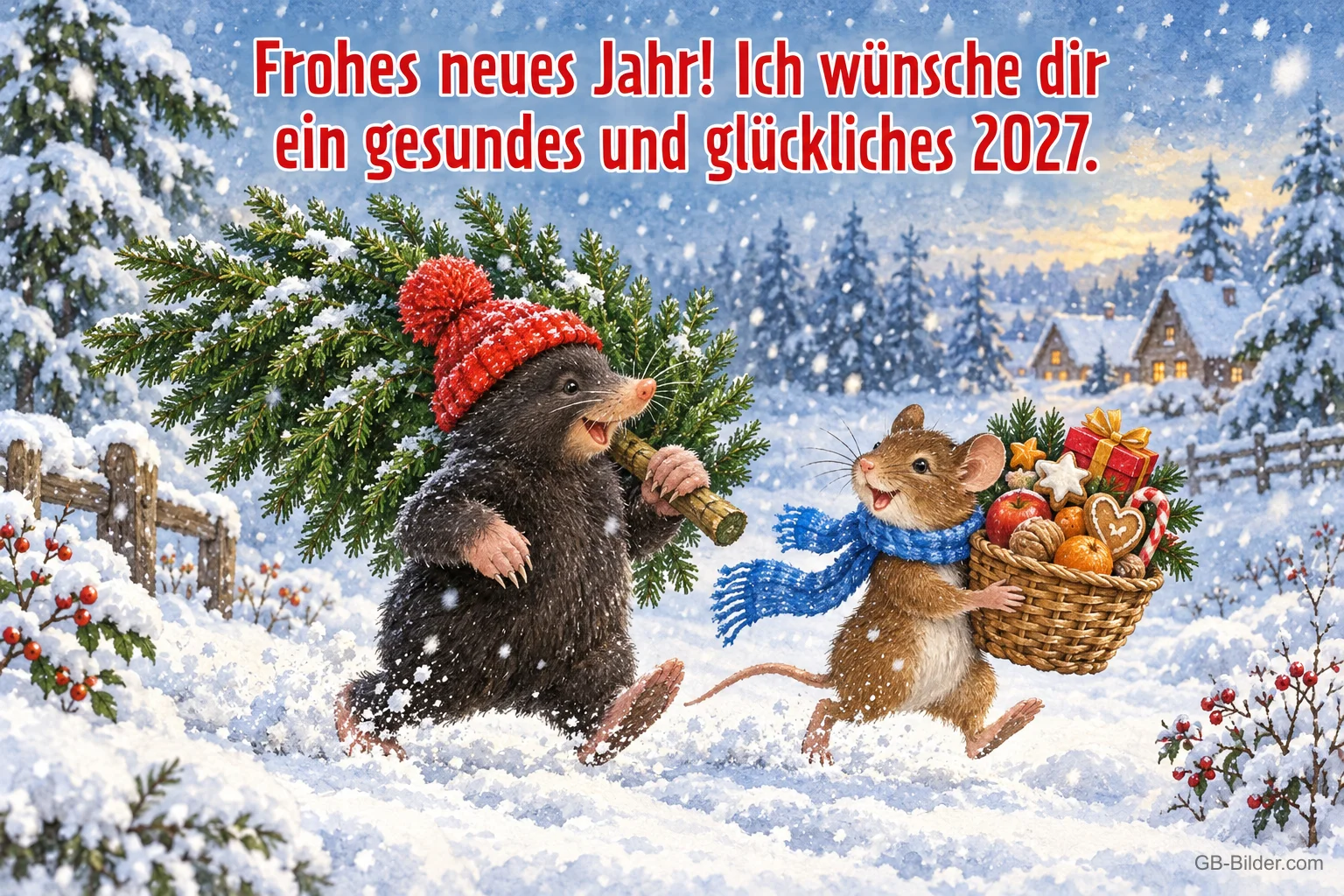 Maulwurf trägt einen Tannenbaum, Maus mit Korb voller Plätzchen im Schnee, Text: Frohes neues Jahr! Ich wünsche dir ein gesundes und glückliches 2027.