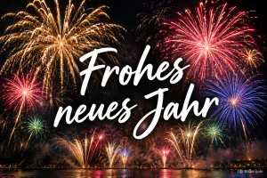 Buntes Feuerwerk über dem Wasser, Text: Frohes neues Jahr