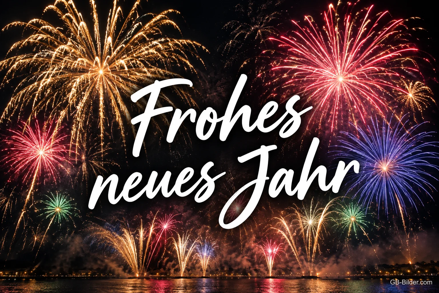 Buntes Feuerwerk über dem Wasser, Text: Frohes neues Jahr