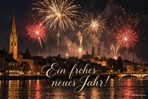 Feuerwerk über einer Altstadt am Fluss, Text: Ein frohes neues Jahr!