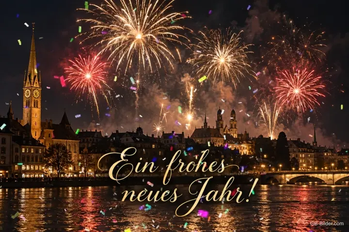 Feuerwerk über einer Altstadt am Fluss, Text: Ein frohes neues Jahr!
