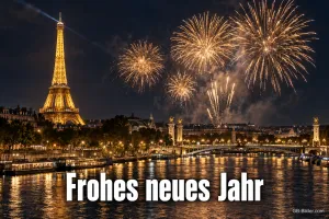 Feuerwerk über dem Eiffelturm und der Seine, Text: Frohes neues Jahr