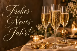 Drei Sektgläser mit Kerzen auf einem festlichen Tisch, Text: Frohes Neues Jahr!
