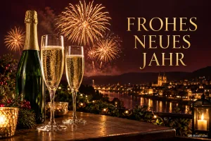 Sektflasche und Gläser auf einer Terrasse vor Feuerwerk über der Stadt, Text: FROHES NEUES JAHR