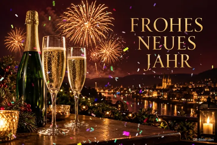 Sektflasche und Gläser auf einer Terrasse vor Feuerwerk über der Stadt, Text: FROHES NEUES JAHR