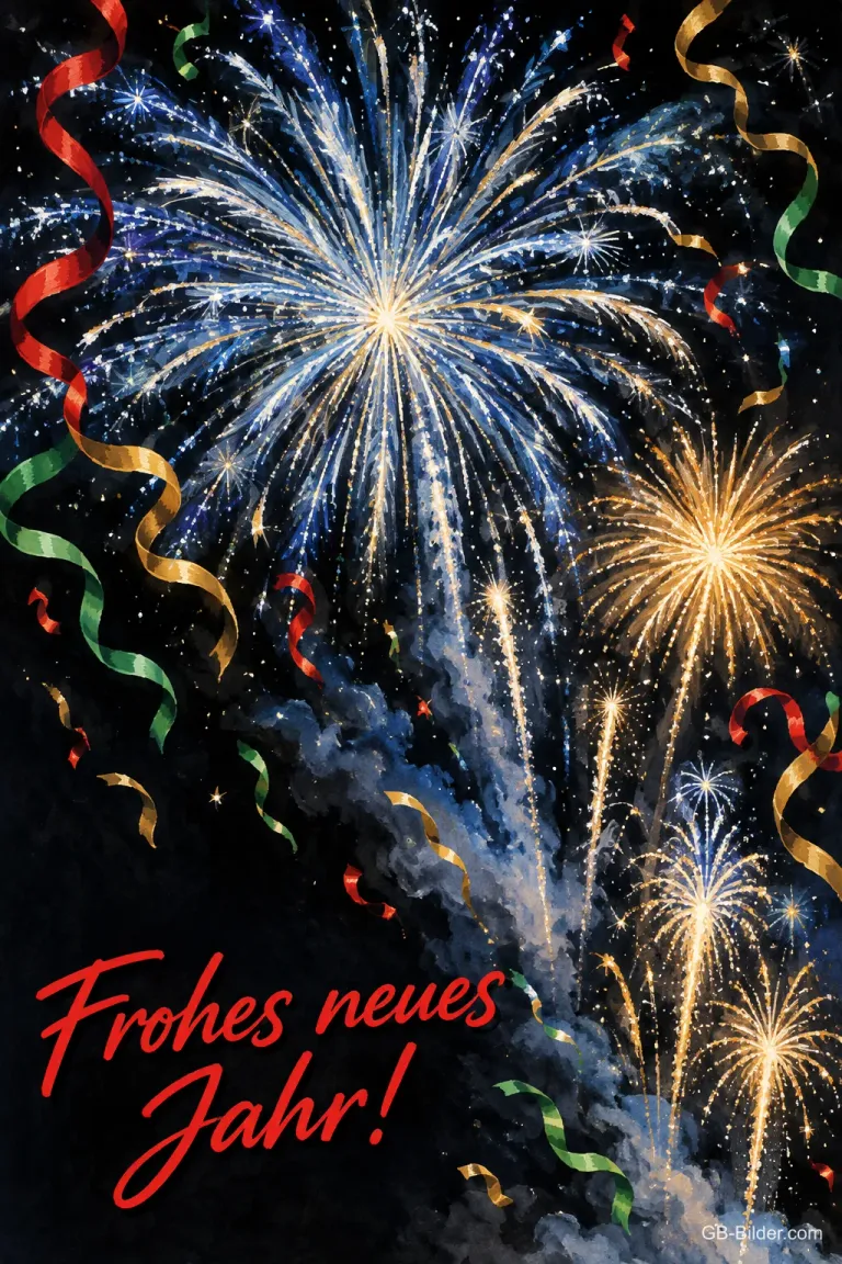 Blaues und goldenes Feuerwerk mit Luftschlangen, Text: Frohes neues Jahr!