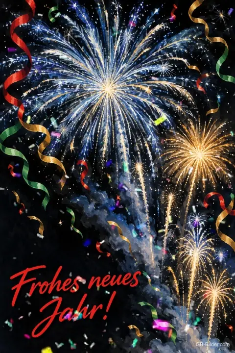 Blaues und goldenes Feuerwerk mit Luftschlangen, Text: Frohes neues Jahr! Blaues und goldenes Feuerwerk mit Luftschlangen, Text: Frohes neues Jahr!