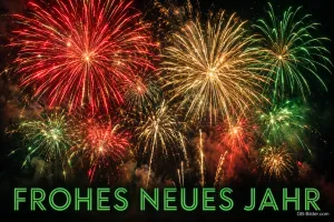 Rotes, goldenes und grünes Feuerwerk, Text: FROHES NEUES JAHR