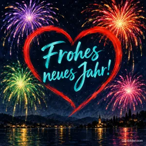 Rotes Herz aus Licht vor buntem Feuerwerk über einem See, Text: Frohes neues Jahr!