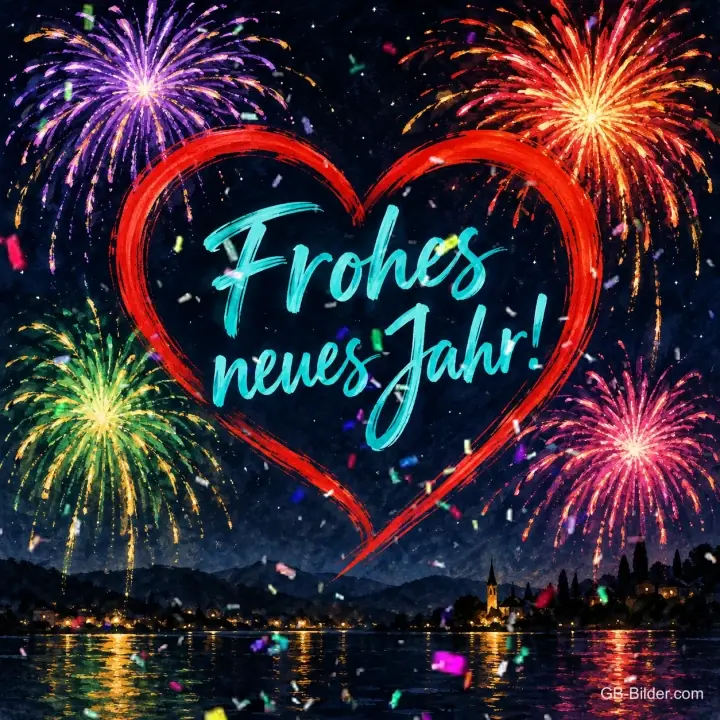 Rotes Herz aus Licht vor buntem Feuerwerk über einem See, Text: Frohes neues Jahr! Rotes Herz aus Licht vor buntem Feuerwerk über einem See, Text: Frohes neues Jahr!