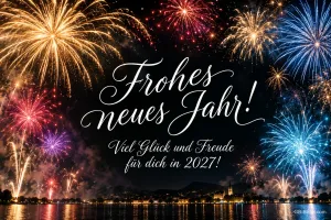 Buntes Feuerwerk über einer Stadt am See, Text: Frohes neues Jahr! – Viel Glück und Freude für dich in 2027!