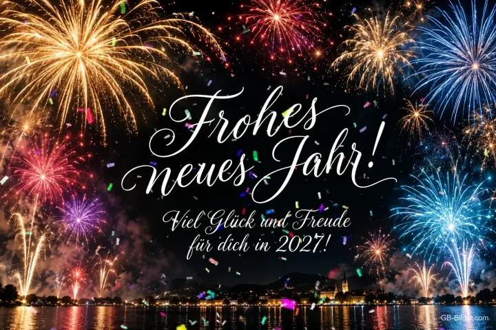 Buntes Feuerwerk über einer Stadt am See, Text: Frohes neues Jahr! – Viel Glück und Freude für dich in 2027! Buntes Feuerwerk über einer Stadt am See, Text: Frohes neues Jahr! – Viel Glück und Freude für dich in 2027!