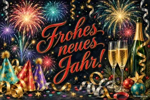 Partyhüte, Sektflasche und Gläser vor buntem Feuerwerk, Text: Frohes neues Jahr!