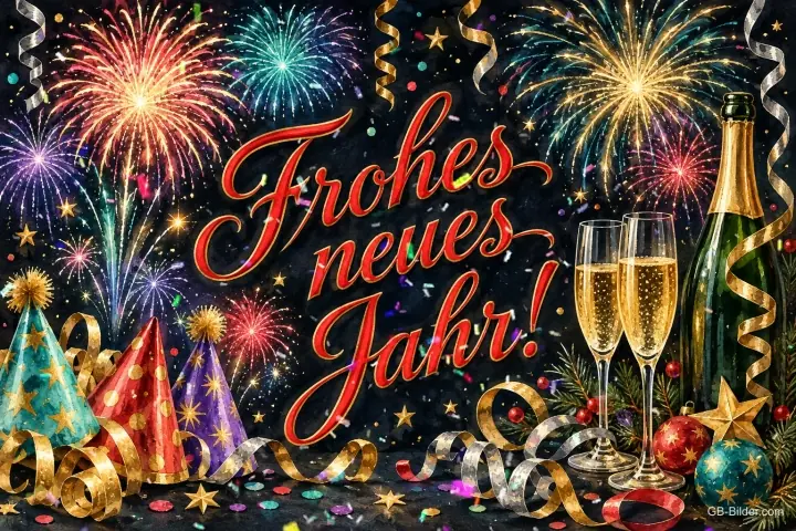 Partyhüte, Sektflasche und Gläser vor buntem Feuerwerk, Text: Frohes neues Jahr! Partyhüte, Sektflasche und Gläser vor buntem Feuerwerk, Text: Frohes neues Jahr!