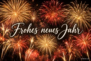 Goldenes und rotes Feuerwerk, Text: Frohes neues Jahr