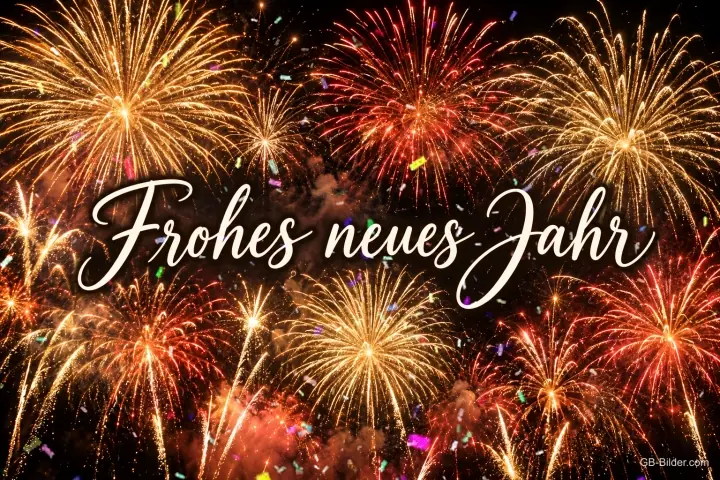 Goldenes und rotes Feuerwerk, Text: Frohes neues Jahr Goldenes und rotes Feuerwerk, Text: Frohes neues Jahr