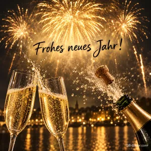 Sektgläser und knallender Korken vor Feuerwerk über einer Stadt, Text: Frohes neues Jahr!
