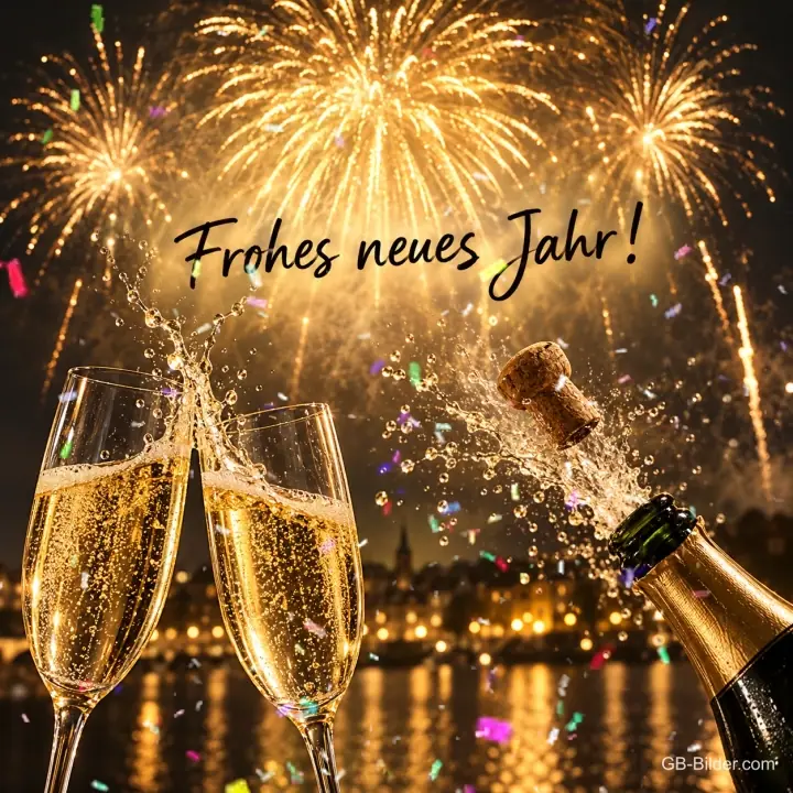 Sektgläser und knallender Korken vor Feuerwerk über einer Stadt, Text: Frohes neues Jahr! Sektgläser und knallender Korken vor Feuerwerk über einer Stadt, Text: Frohes neues Jahr!