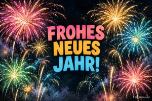 Buntes Feuerwerk um farbige Schrift, Text: FROHES NEUES JAHR!