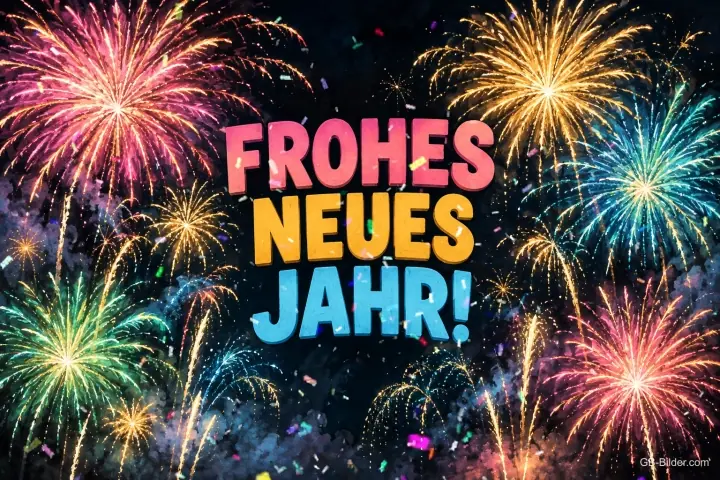 Buntes Feuerwerk um farbige Schrift, Text: FROHES NEUES JAHR! Buntes Feuerwerk um farbige Schrift, Text: FROHES NEUES JAHR!